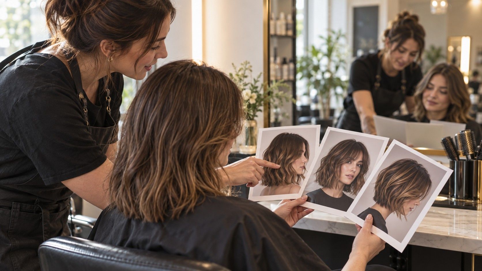 Front and side hairstyle reference photos for a salon consultation
