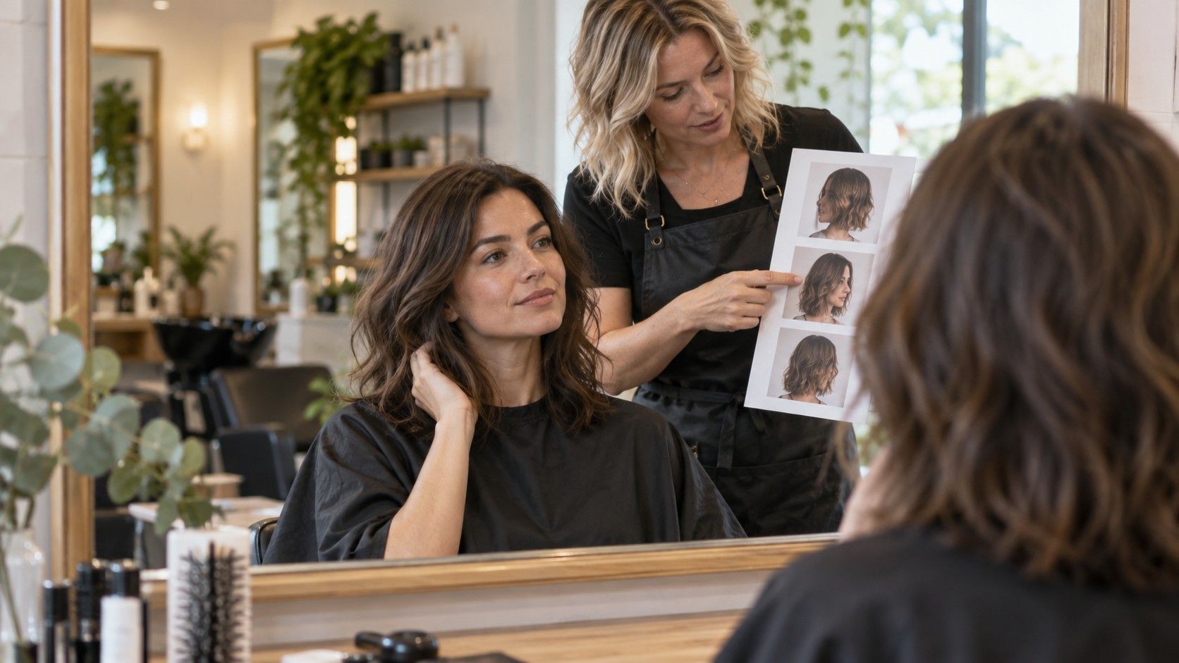 Woman discussing a wearable haircut with her stylist